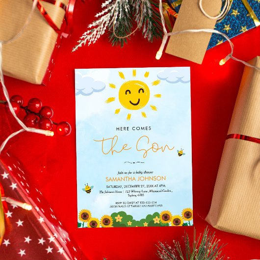 Schattige hier komt de Son Baby shower uitnodiging