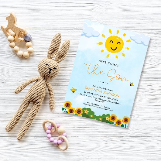 Schattige hier komt de Son Baby shower uitnodiging