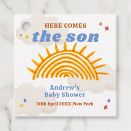 Schattige hier komt de Son Sunshine Baby shower Bedankjes Labels