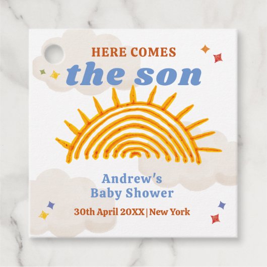 Schattige hier komt de Son Sunshine Baby shower Bedankjes Labels (Voorkant)