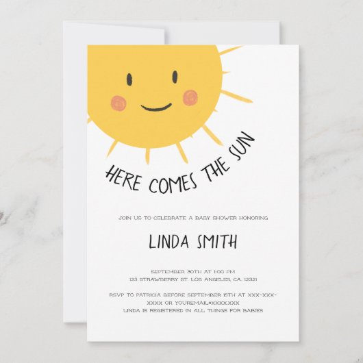 Schattige Hier Komt de Zon Baby shower Kaart (Voorkant)