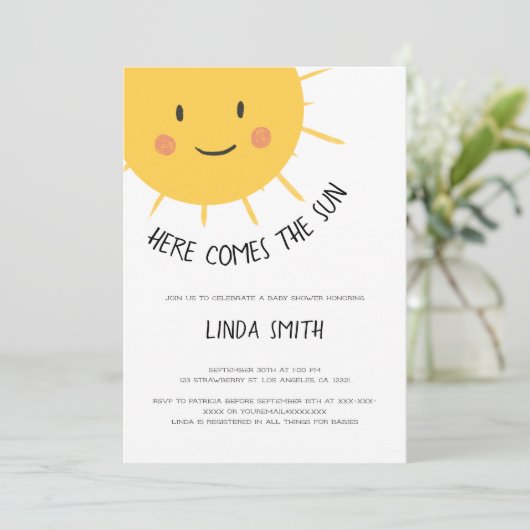 Schattige Hier Komt de Zon Baby shower Kaart (Staand voorkant)