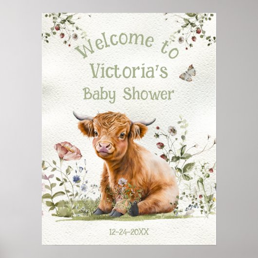 Schattige Highland Koe Baby shower Welkomstbord Poster (Voorkant)