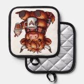 Schattige Highland Koe genieten van gezellige dran Pannenlap (Voorkant / Achterkant)