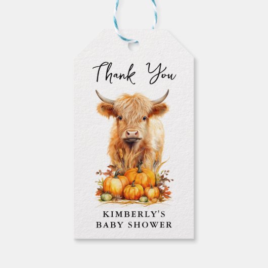 Schattige Highland Koe herfst pompoenen Baby showe Cadeaulabel (Achterkant)