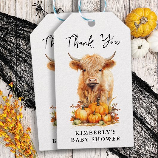 Schattige Highland Koe herfst pompoenen Baby showe Cadeaulabel