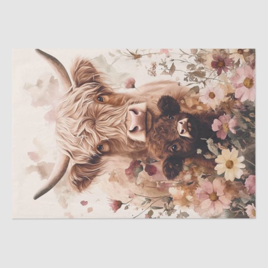 Schattige Highland Koe Kalf met Mom Decoupage Tissuepapier (Voorkant)