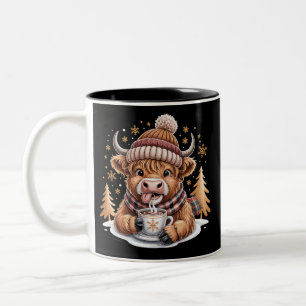 Schattige Highland Koe Kerstbomen Warme Chocolade Tweekleurige Koffiemok