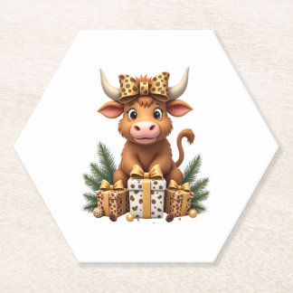Schattige Highland Koe Kerstman Santa Highland Koe Kartonnen Onderzetters