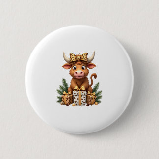 Schattige Highland Koe Kerstman Santa Highland Koe Ronde Button 5,7 Cm