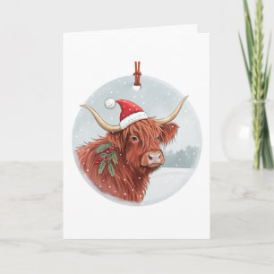 Schattige Highland Koe Kerstmis Kerstman Hoed Feestdagen Kaart