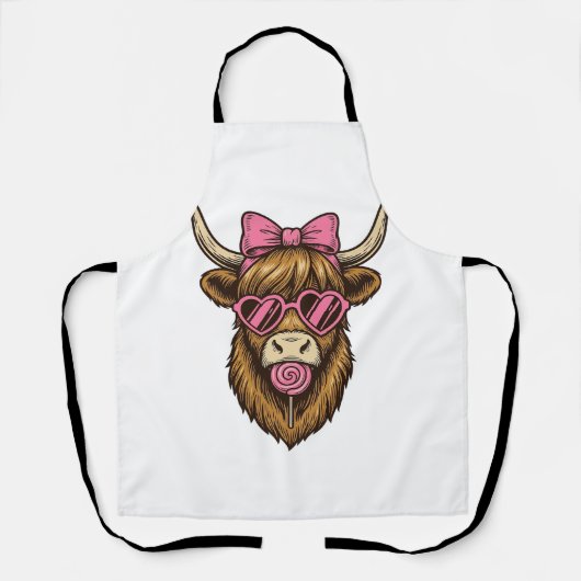 Schattige Highland-koe met roze hartbril Vector_1 Schort (Voorkant)