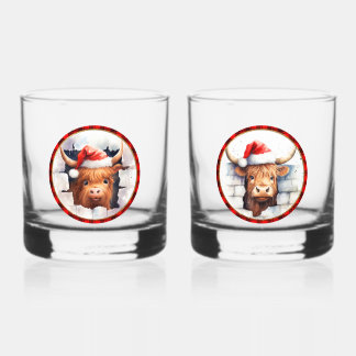 Schattige Highland Koeien Kerstmutsen Bewerkbare T Whisky Glas