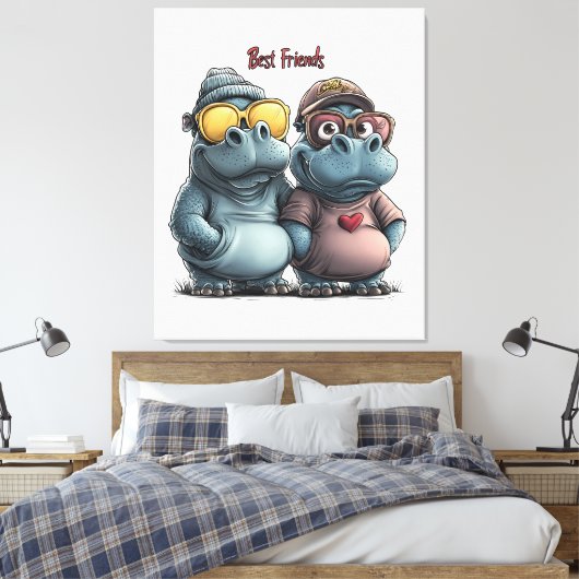 Schattige Hippo Beste Vrienden Muurkunst Canvas Afdruk (Insitu (Slaapkamer))