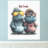 Schattige Hippo Beste Vrienden Muurkunst Canvas Afdruk (Insitu (Houten vloer))