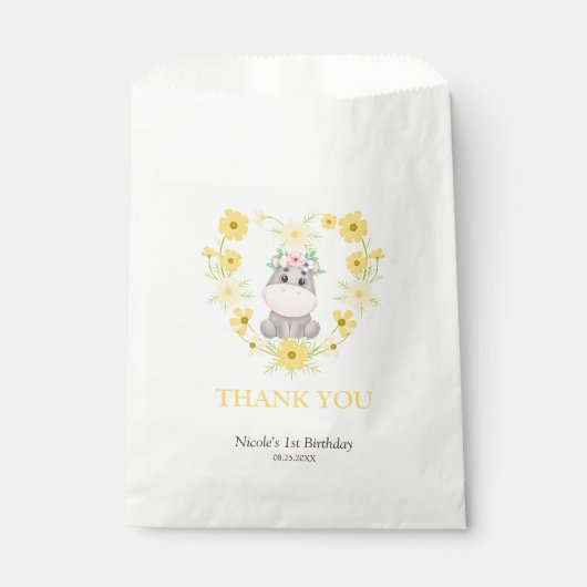 Schattige Hippo Geel Bloemenhart Verjaardag Dank u Bedankzakje (Voorkant)