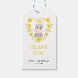 Schattige Hippo Geel Bloemenhart Verjaardag Dank u Cadeaulabel