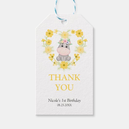 Schattige Hippo Geel Bloemenhart Verjaardag Dank u Cadeaulabel (Voorkant)