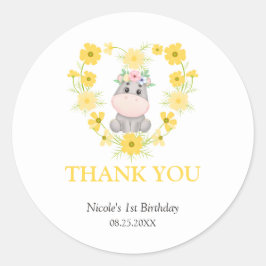 Schattige Hippo Geel Bloemenhart Verjaardag Dank u Ronde Sticker