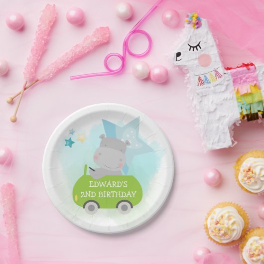 Schattige Hippo Groene Auto Naam Jongen Verjaardag Papieren Bordje (Feest)