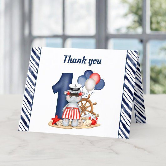 Schattige Hippo Nautical Navy Blue 1st Birthday Bo Bedankkaart