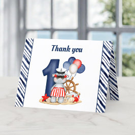 Schattige Hippo Nautical Navy Blue 1st Birthday Bo Bedankkaart