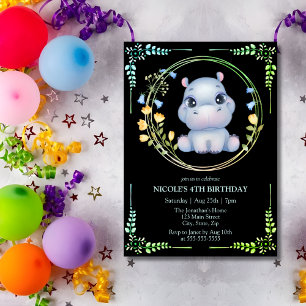 Schattige Hippopotamus Flower Wreath 4th Birthday  Kaart