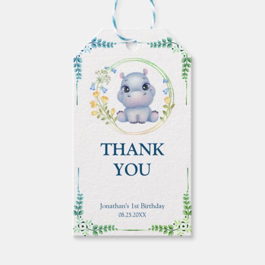 Schattige Hippopotamus Flower Wreath Birthday Beda Cadeaulabel (Voorkant)
