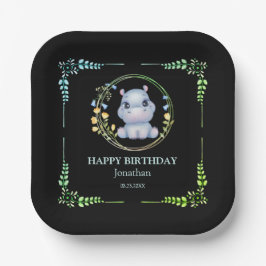 Schattige Hippopotamus Flower Wreath Birthday Zwar Papieren Bordje