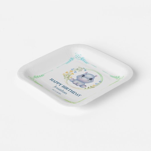 Schattige Hippopotamus Flower Wreath Happy Birthda Papieren Bordje (Gebogen)