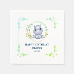 Schattige Hippopotamus Flower Wreath Happy Birthda Servet