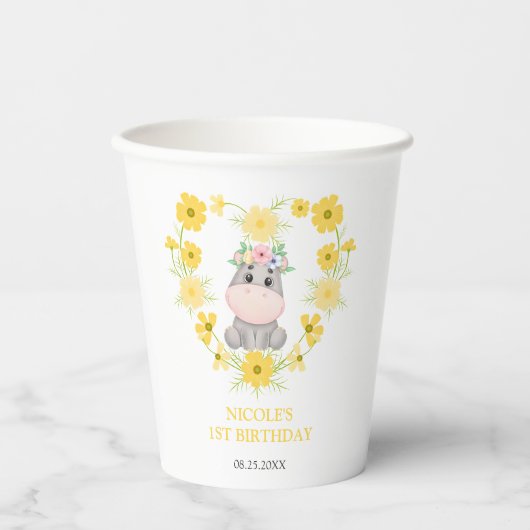 Schattige Hippopotamus Geel Bloemhart 1e Verjaarda Papieren Bekers (Voorkant)