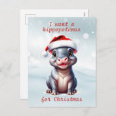Schattige Hippopotamus Santa Hat Sneeuwwitje Kerst Feestdagenkaart (Voorkant / Achterkant)