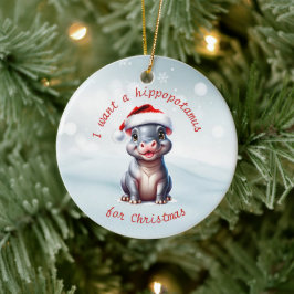 Schattige Hippopotamus Santa Hat Sneeuwwitje Kerst Keramisch Ornament