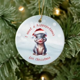 Schattige Hippopotamus Santa Hat Sneeuwwitje Kerst Keramisch Ornament