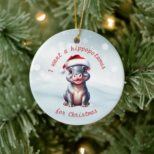 Schattige Hippopotamus Santa Hat Sneeuwwitje Kerst Keramisch Ornament (Boom)