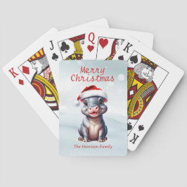 Schattige Hippopotamus Santa Hat Sneeuwwitje Kerst Pokerkaarten