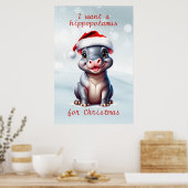 Schattige Hippopotamus Santa Hat Sneeuwwitje Kerst Poster (Keuken)