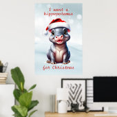 Schattige Hippopotamus Santa Hat Sneeuwwitje Kerst Poster (Thuiskantoor)