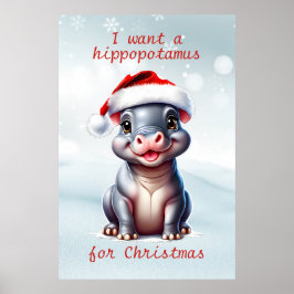 Schattige Hippopotamus Santa Hat Sneeuwwitje Kerst Poster