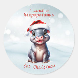 Schattige Hippopotamus Santa Hat Sneeuwwitje Kerst Ronde Sticker