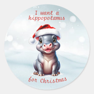 Schattige Hippopotamus Santa Hat Sneeuwwitje Kerst Ronde Sticker