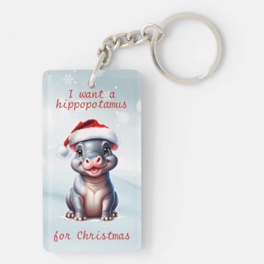 Schattige Hippopotamus Santa Hat Sneeuwwitje Kerst Sleutelhanger (achterkant)