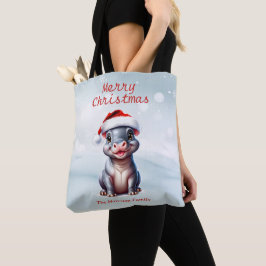 Schattige Hippopotamus Santa Hat Sneeuwwitje Kerst Tote Bag