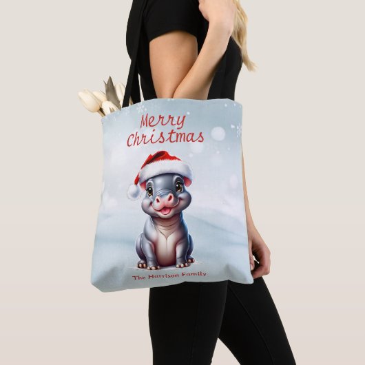 Schattige Hippopotamus Santa Hat Sneeuwwitje Kerst Tote Bag (Dichtbij)