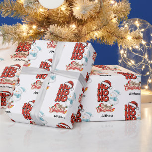 Schattige Ho Ho Vrolijk Kerstfeest Naam Cadeaupapier