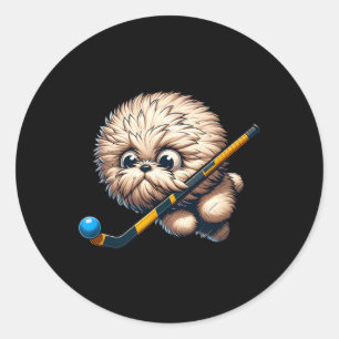 Schattige hockey puppy hond met stok en bal Kawaii Ronde Sticker