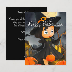 Schattige Holloween Heks Volle Maan Pompoenveld Va Feestdagenkaart