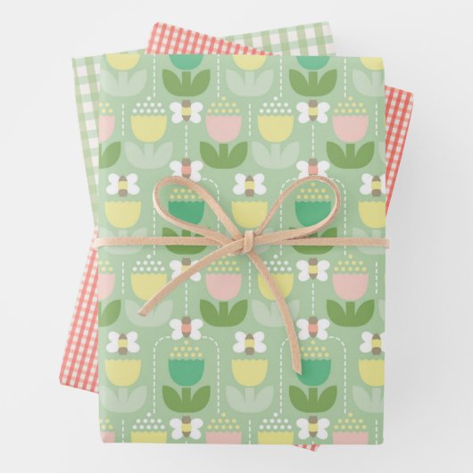 Schattige hommel, tulpen en Gingham | Roze & Groen Inpakpapier Vel (In situ)