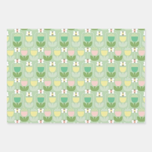 Schattige hommel, tulpen en Gingham | Roze & Groen Inpakpapier Vel (Voorkant)